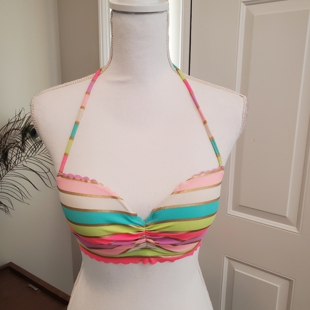 Victoria's Secret Bikini Top 32C Colorful Stripes Ruched‎ Tie Neck Adjustable